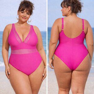 145.🆕2X V-Neck Mesh Tummy Control Hot Pink Plus Size One Piece Swimsuit NWT
